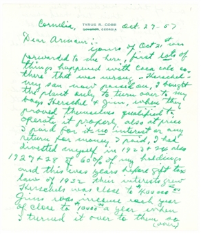 1957 Ty Cobb Handwritten & Triple-Signed Incredible 10-Page Letter on "Tyrus R. Cobb" Letterhead (PSA/DNA)
